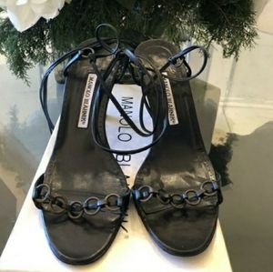 Black leather and metal sexy sandal ankle tie